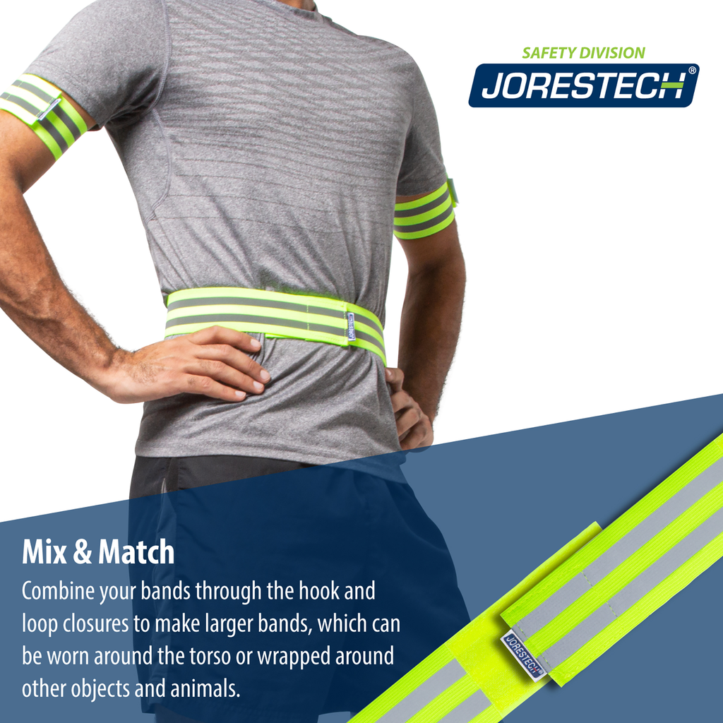 A person wearing the JORESTECH® high visibility reflective bands on his/her waist and arms. Text reads: Mix and Match. Combine your bands through the hook and loop closure to make larger bands, which can be worn around the torso or wrapped around other objects and animals.