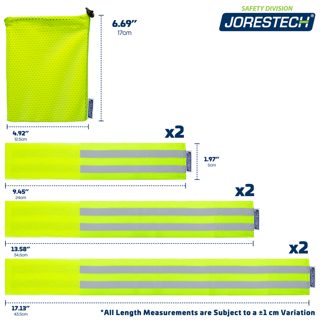Show the measurements of the bands.  9.4", 13.5" and  17.1" . Compact mesh bag mesures 4.9" x 6.6". Bands are subject to certain variations (1+-)