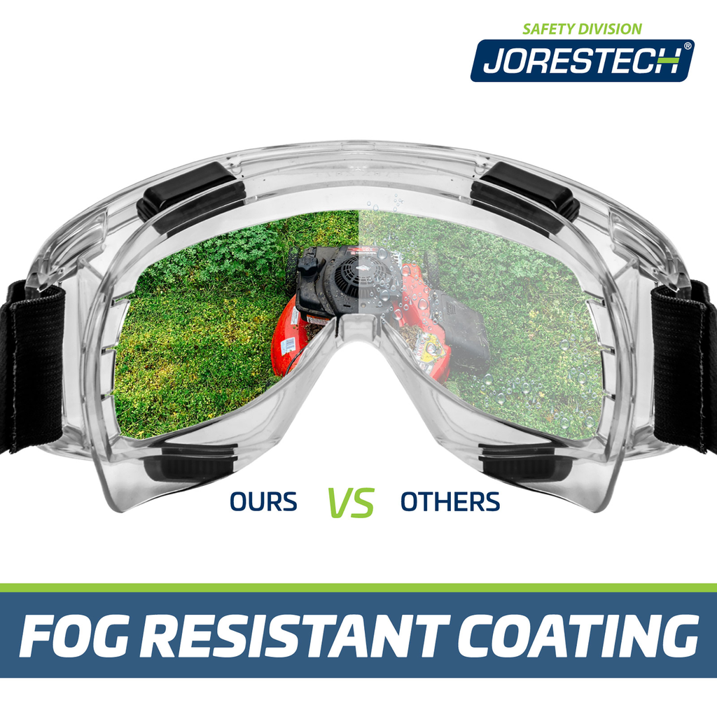 Image shows 2 side of the goggles to make a comparison of the JORESTECH goggles versus the others. The image seen from the JORESTECH side is crisp clear. The image shown from "Others" side is foggy and blur. Text reads: Ours with fog resistant coating.
