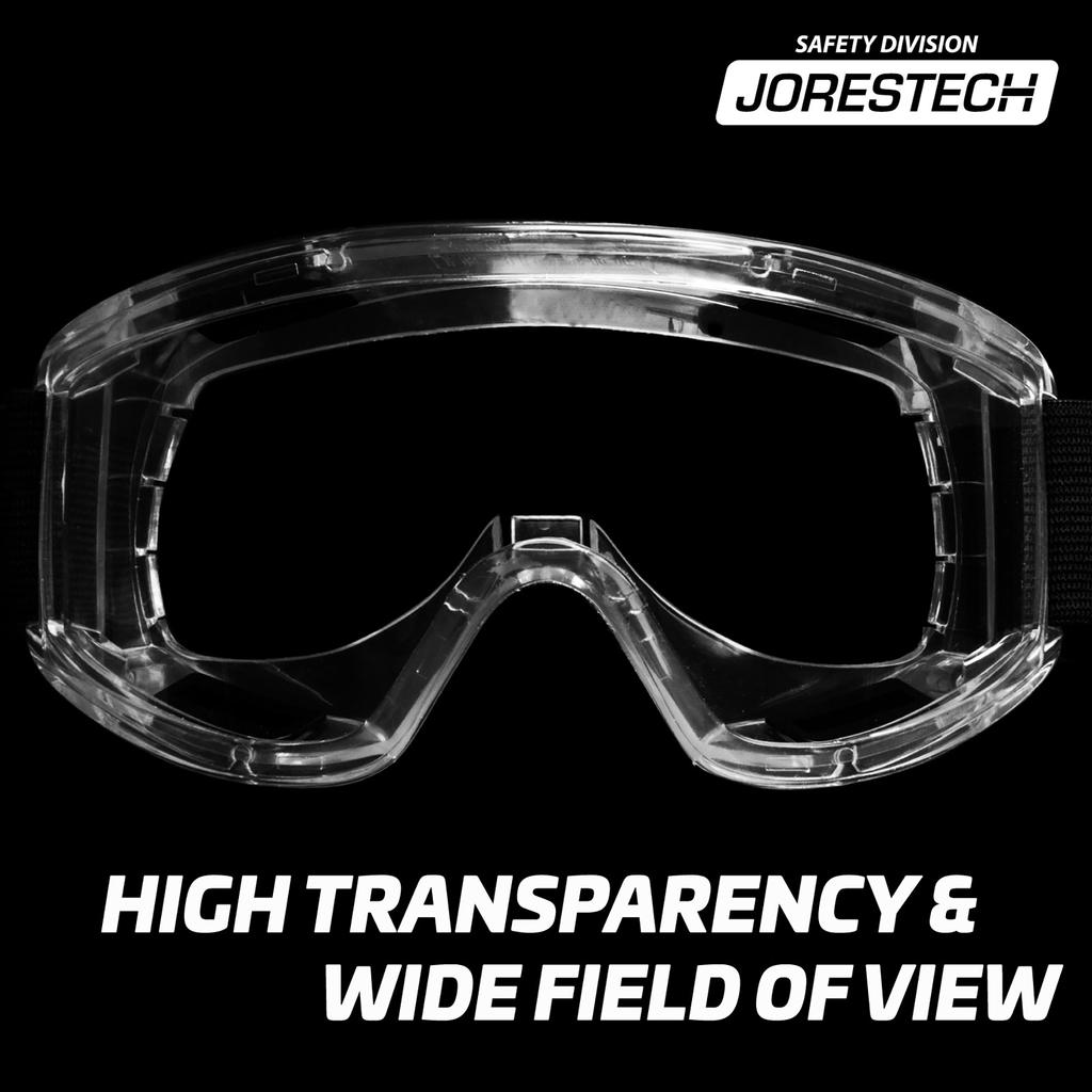 Image shows a front view of a JORESTECH anti-fog ventilated safety goggle for high impact protection over black background. Text with white letters reads: high transparency and wide field of view