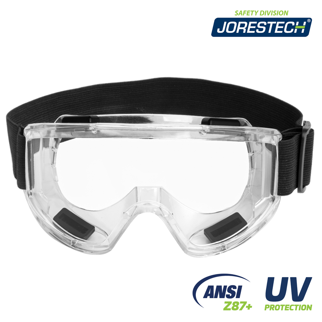 Front view of the anti-fog safety goggles over white background. Text reads: ANSI Z87+ and UV Protection