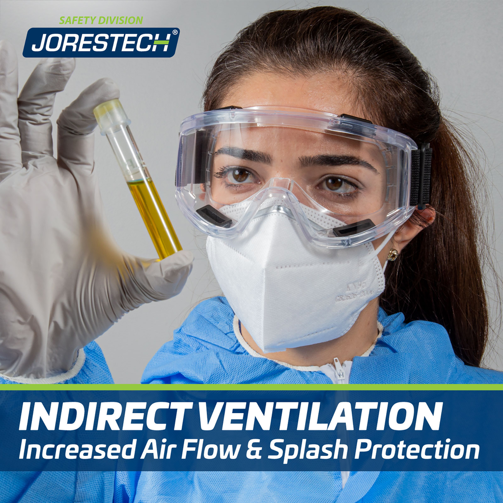 Image show a woman wearing the Anti fog ventilated safety goggles and disposable clothing in a setting of a laboratory. Banner text reads indirect ventilation increased air flow & splash protection