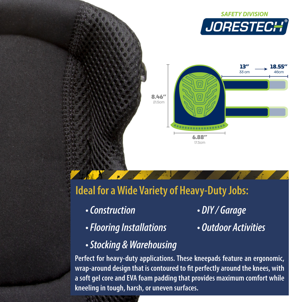 Shows measurements of the knee pads and the straps: 8.46" height x 6.88" width, relax size of straps is 13", stretch is 18.55". Banner reads: Ideal for heavy duty jobs like: construction, floor installation, Stocking & warehousing, DIY/garage and outdoor activities.