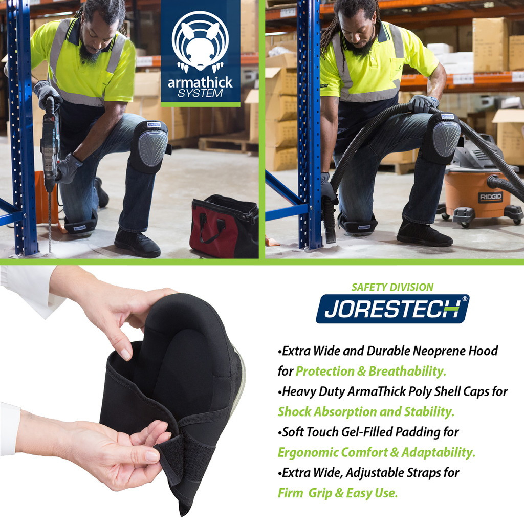Banner divided in 3. Top 2 parts show workers kneeling on the floor with the protective knee pads. Bottom portion shows the knee pad and text that reads:  Extra wide and durable Neoprene Hood for protection & breathability. Heavy duty arma-thick poly shell caps for shock absorption and stability. Soft touch gel filled padding for ergonomic comfort. Extra Wide, adjustable straps