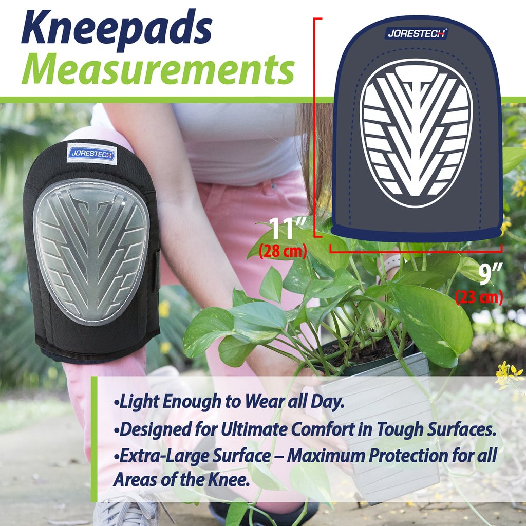 Lady wearing JORESTECH ® knee pads kneeling while doing gardening. Infographic with measurements: 11"height x 9" width. Bellow text reads: Light. Designed for ultimate comfort. Extra large surface for maximum protection of all areas of the knee.