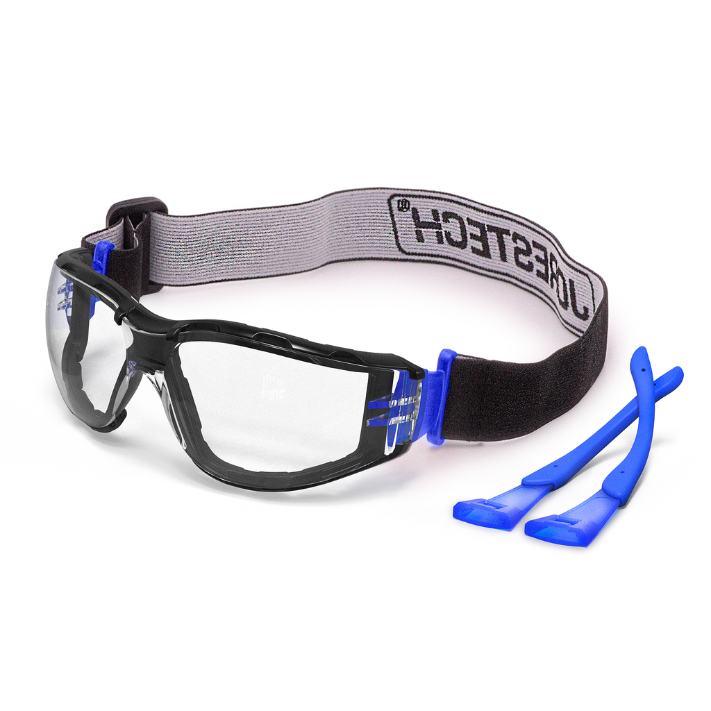 Diagonal view of the Anti fog JORESTECH safety glasses convertible to goggles with removable foam seal gasket, temples and headband. Glaases have the elastic strap installed and the blue temples are on the right side