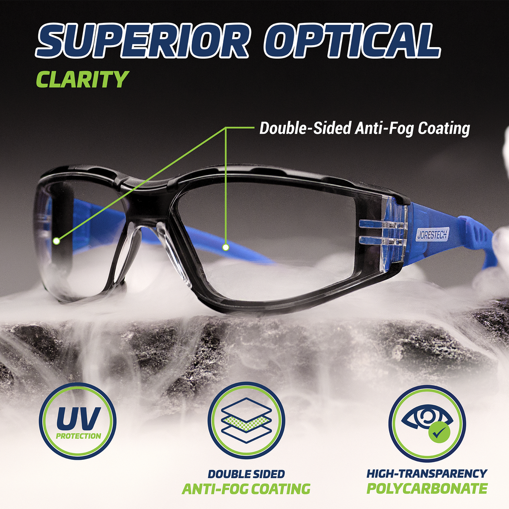 Image shows the blue and clear JORESTECH safety glasses on top of a rock and surrounded by water vapor to show glasses are anti fog. Text reads: superior optical clarity, Double sided anti fog coating, UV protection logo and high transparency logo.