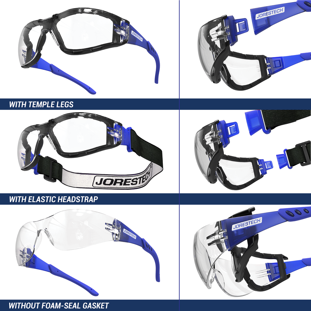 Image show 3 ways how this JORESTECH high impact safety glasses can be used, which are: with temple legs, with elastic head strap, without foam seal gasket. Legs, headband and gasket are all removable