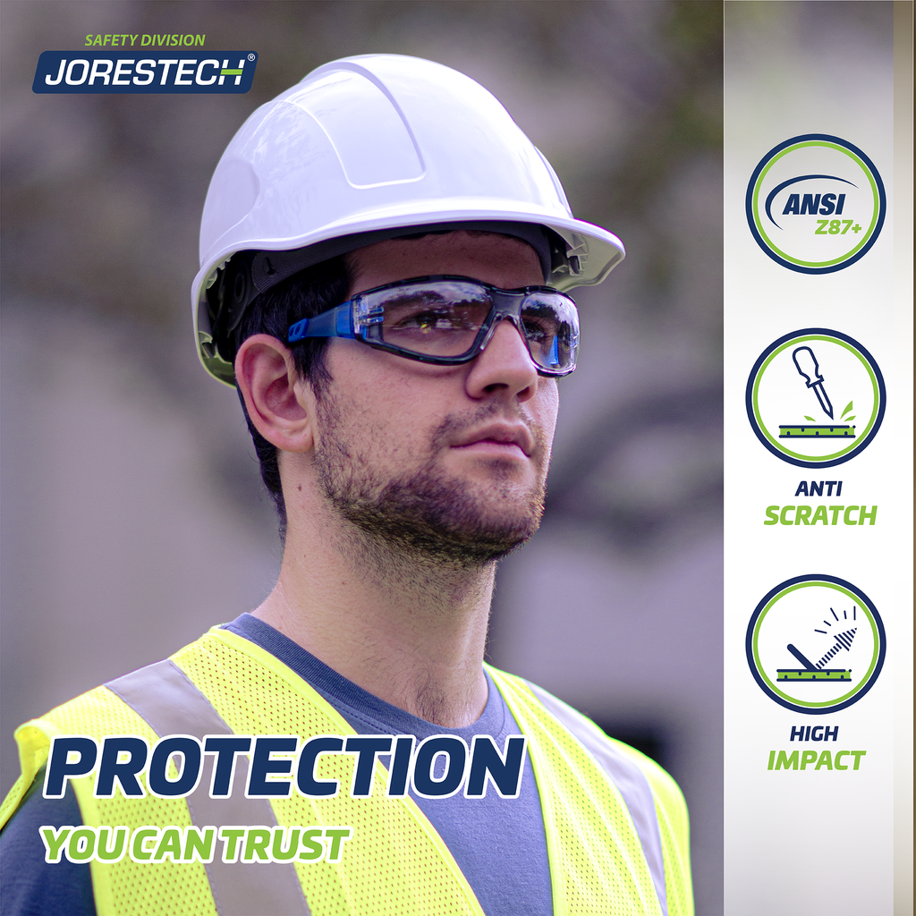 Image of a man wearing a reflective lime vest a hard hat and the Anti fog JORESTECH safety glasses for high impact protection. Text reads: Protection you can trust. Icons read  antis scratch, high impact, ANSI z87+
