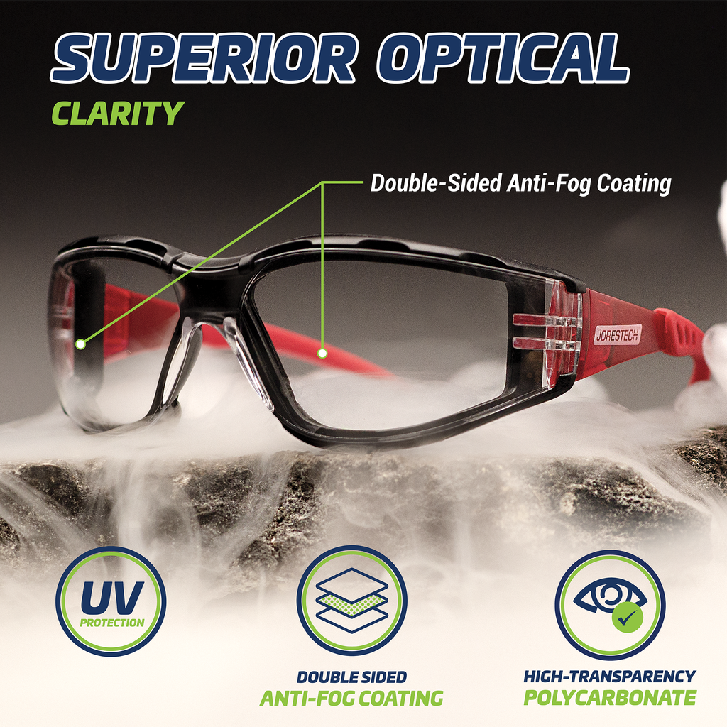 Image shows the red and clear JORESTECH safety glasses on top of a rock and surrounded by water vapor to show glasses are anti fog. Text reads: superior optical clarity, Double sided anti fog coating, UV protection logo and high transparency logo.