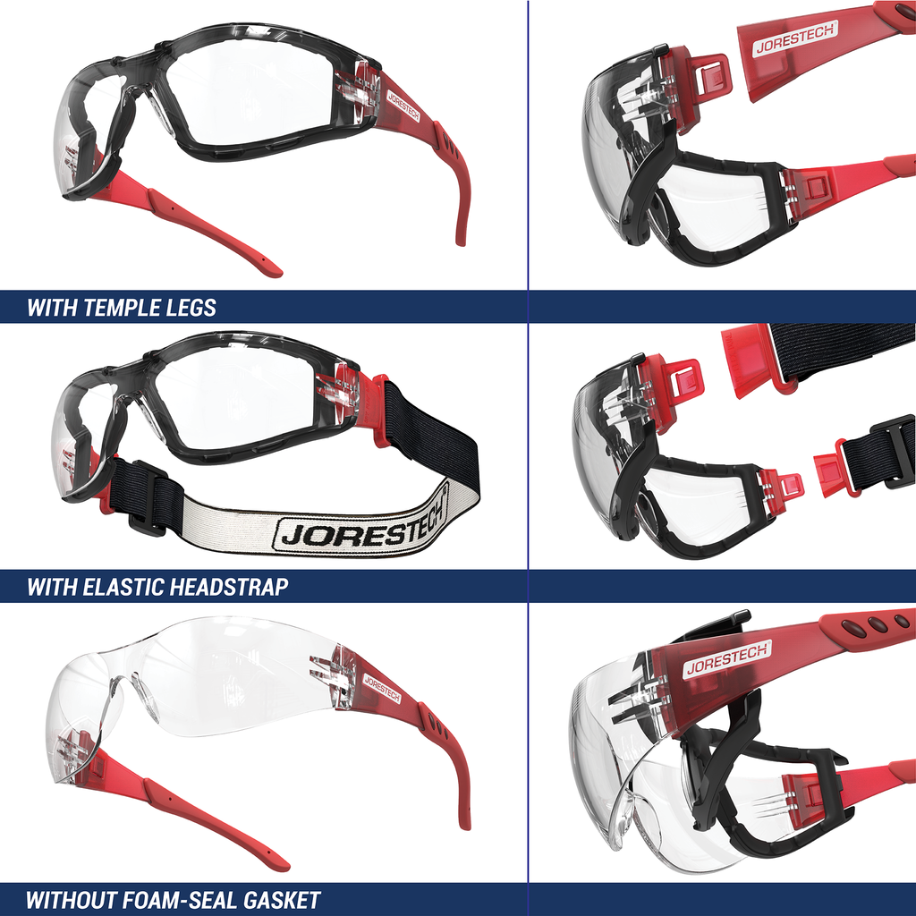 Image show 3 ways how this JORESTECH high impact safety glasses can be used, which are: with temple legs, with elastic head strap, without foam seal gasket. Legs, headband and gasket are all removable