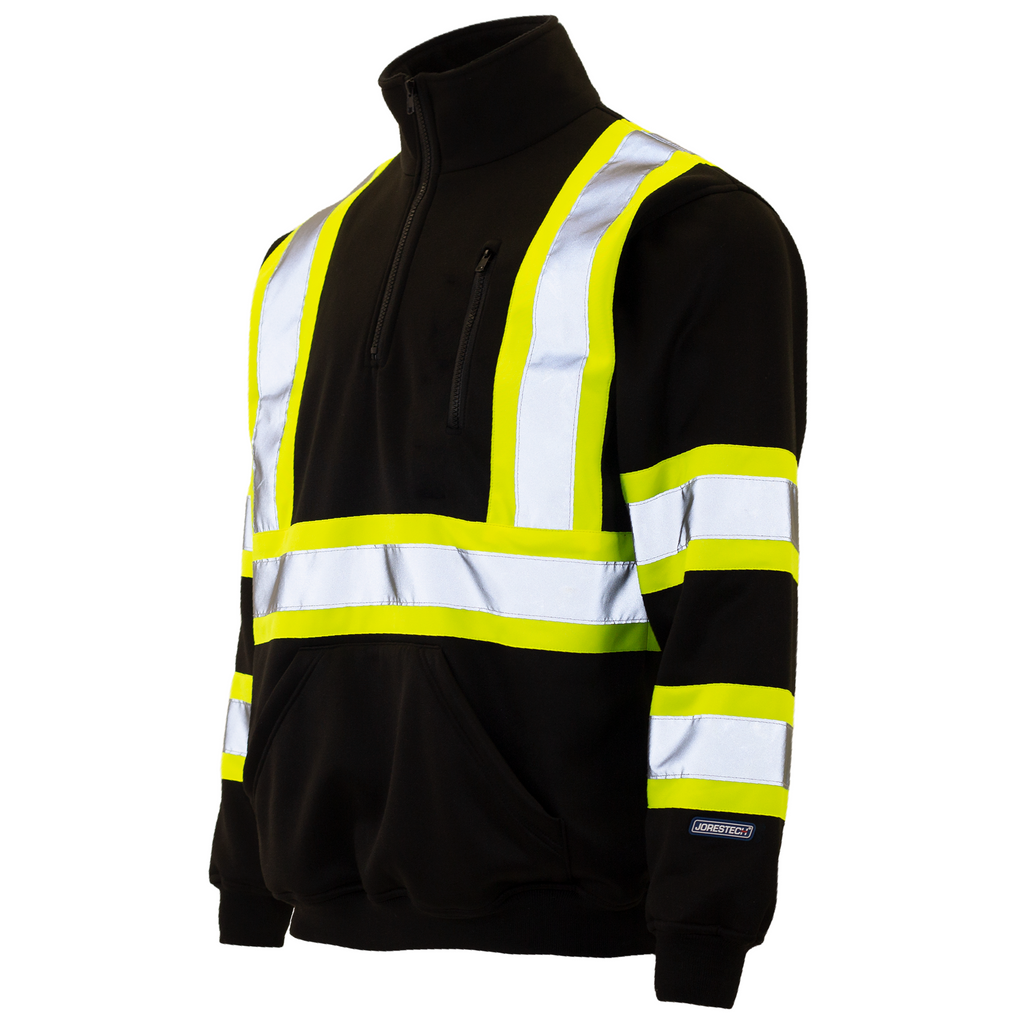 Diagonal view of the black JORESTECH hi-vis safety sweater with 2" reflective stripes. This sweater has half a zipper, stand up collar with back fleece inner layer, a zippered chest pocket and a large waist pocket for both hands. Image is positioned over white background.