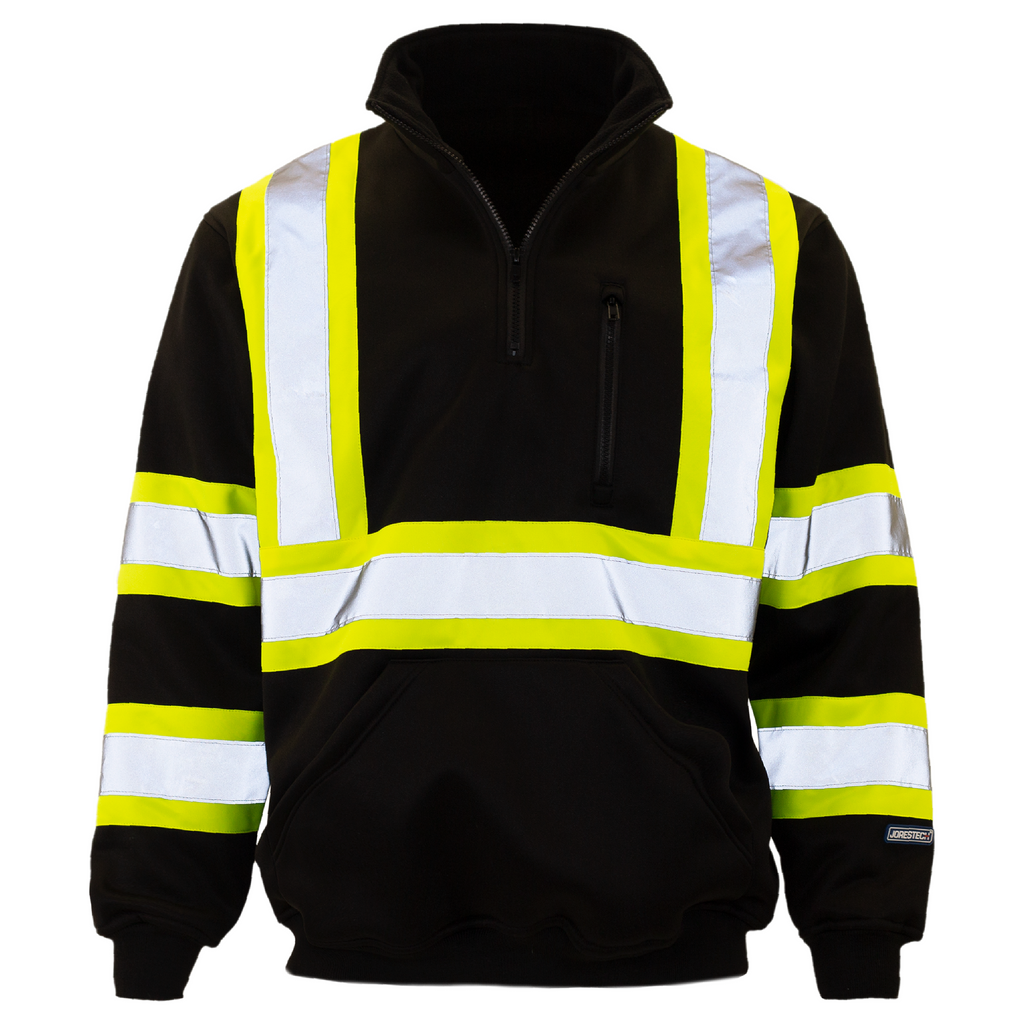 Front view of the black JORESTECH hi-vis safety sweater with 2" reflective stripes. This sweater has half a zipper, stand up collar with back fleece inner layer, a zippered chest pocket and a large waist pocket for both hands. Image is positioned over white background.