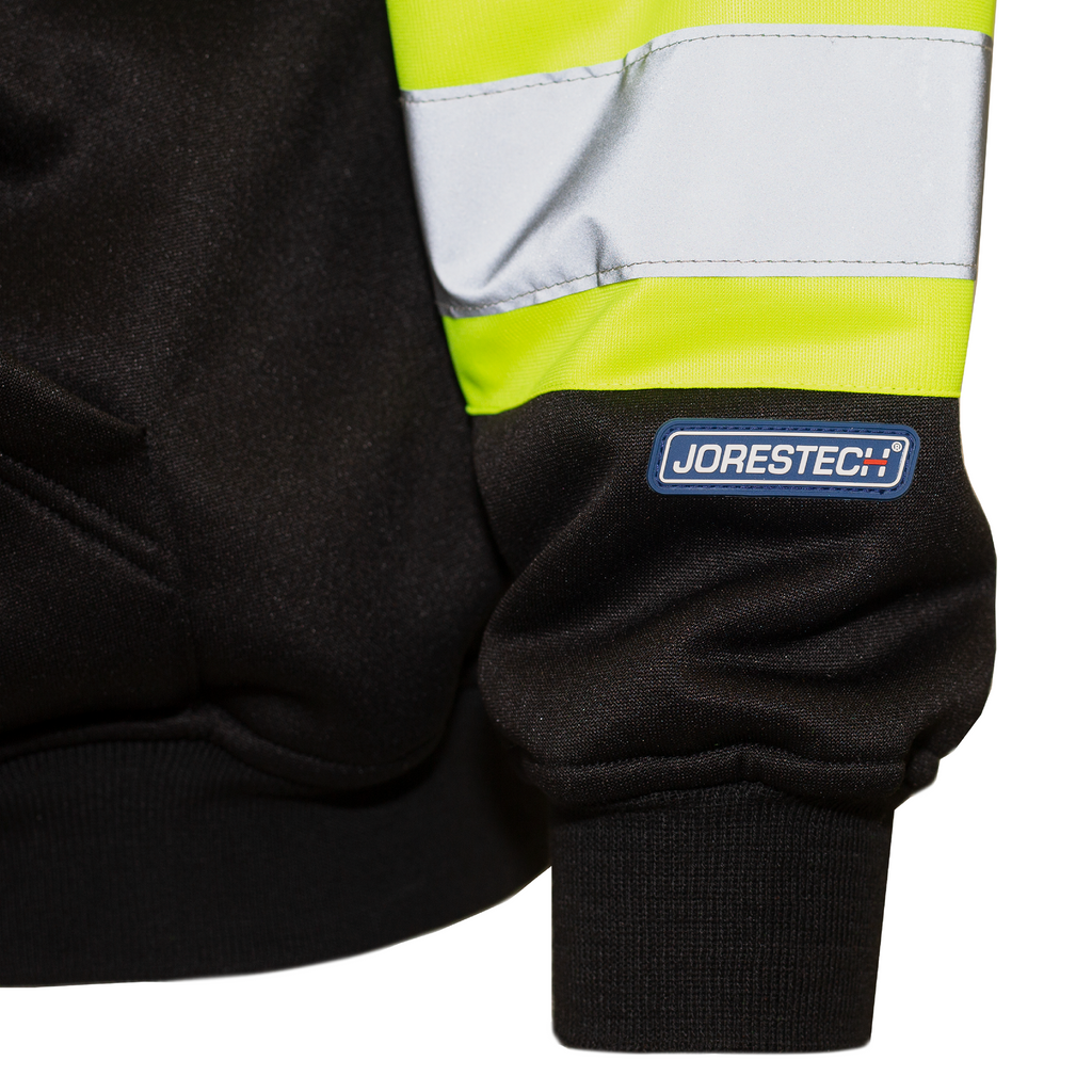 Close up showing cuff, reflective stipes and yellow contrasting stripes of the JORESTECH black sweatshirt