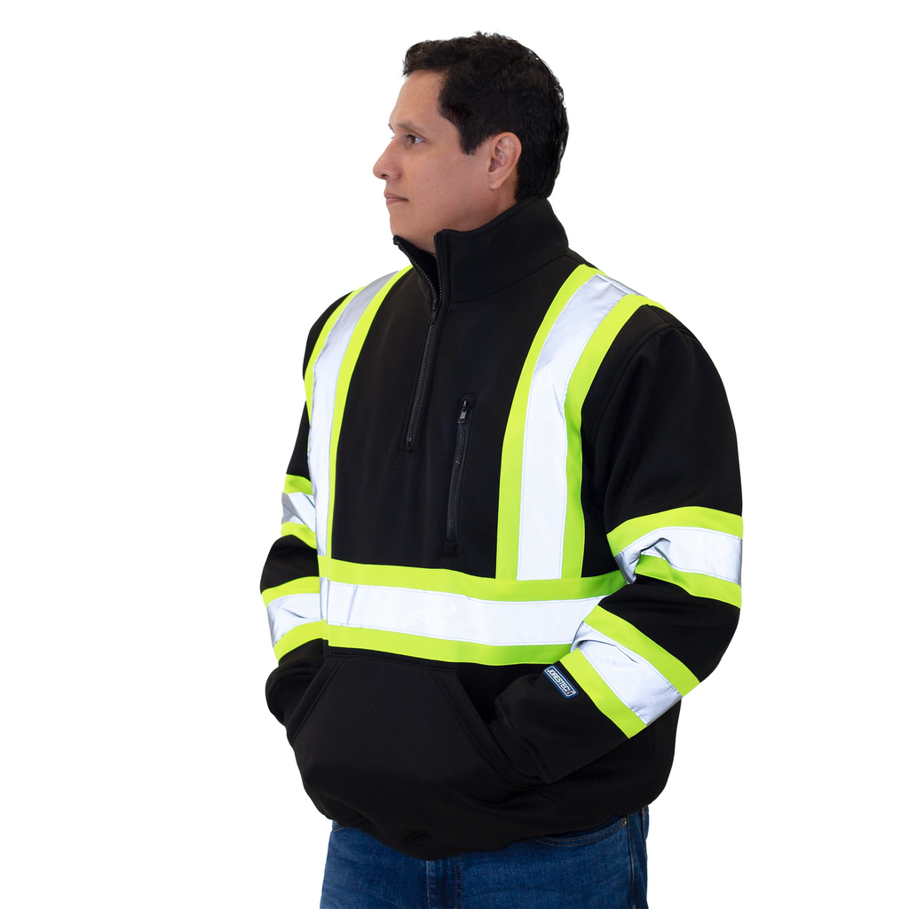 man wearing the black JORESTECH safety sweatshirt with contrasting yellow stripes