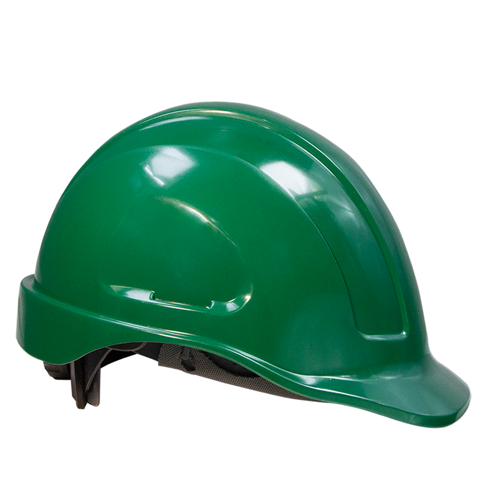 View of a green cap stile safety hard hat with 4 point suspension Type I Class C, E,G