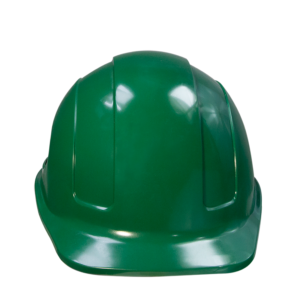 Features a green cap stile safety hard hat with 4 point suspension Type I Class C, E,G