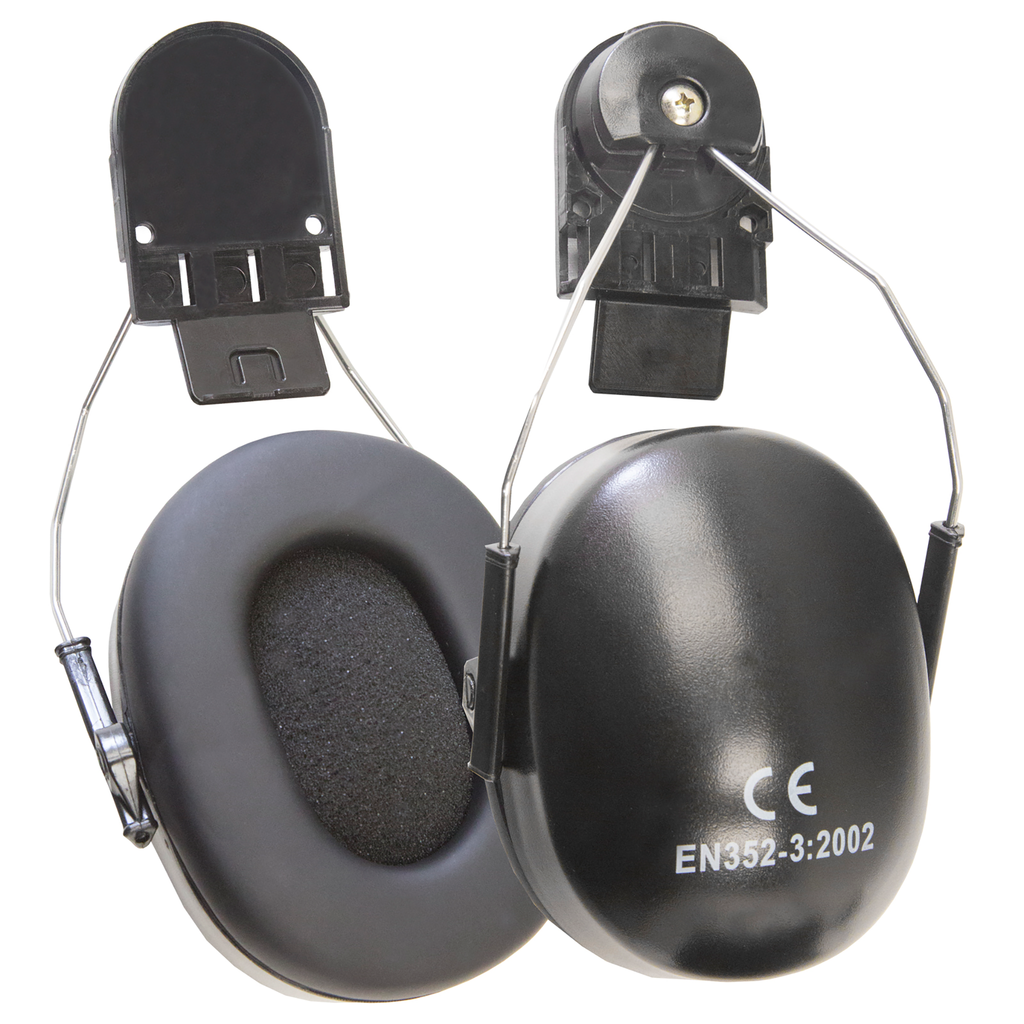 close up of the black JORESTECH padded ear muffs that are part of the hard hat and earmuff bundle