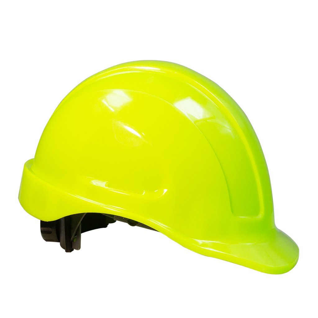 Diagonal view of a lime cap stile safety hard hat with 4 point suspension 