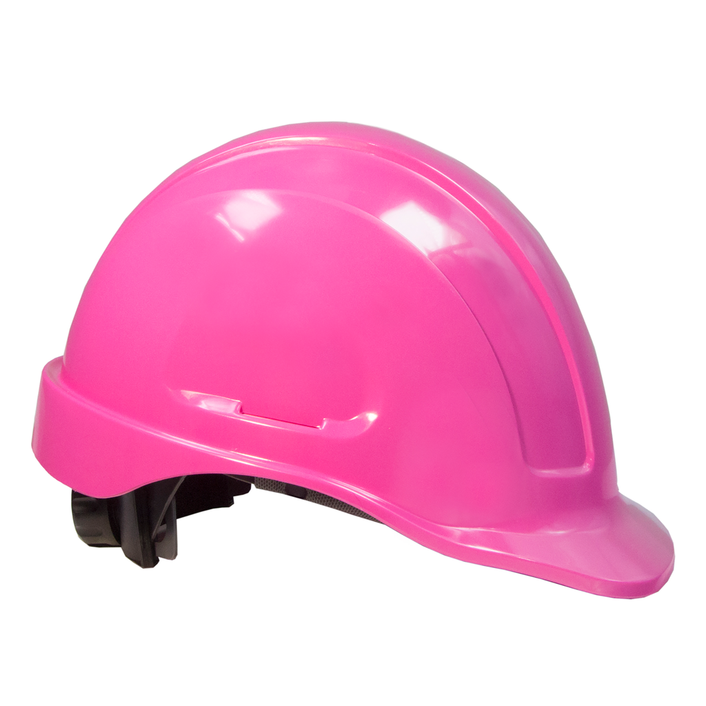 Features a pink cap stile safety hard hat with 4 point suspension for head protection