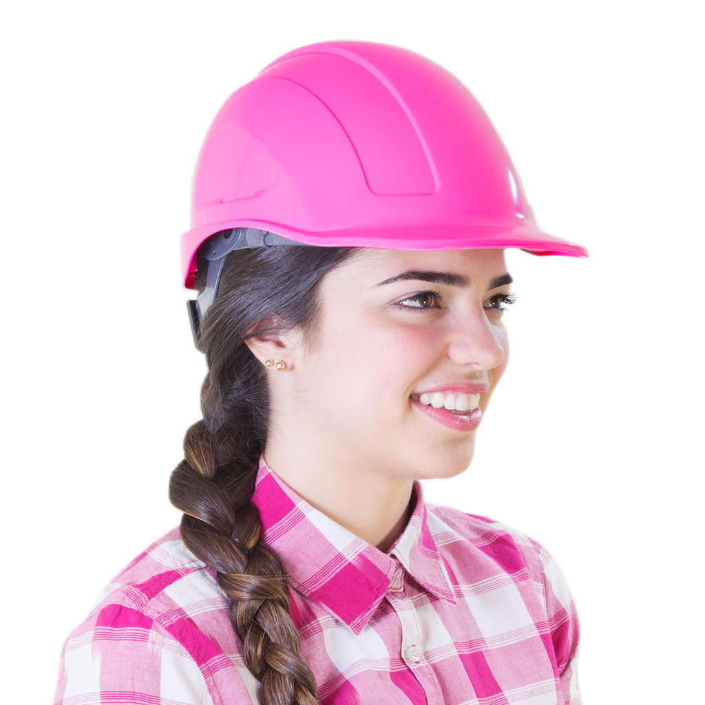 A person wearing a pink cap style JORESTECH safety hard hat 