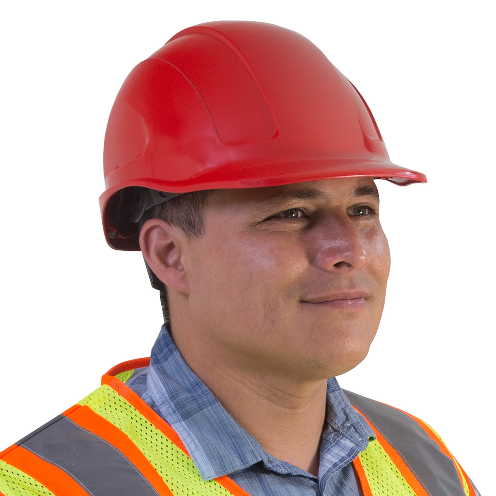 A person wearing a red cap style JORESTECH safety hard ANSI compliant