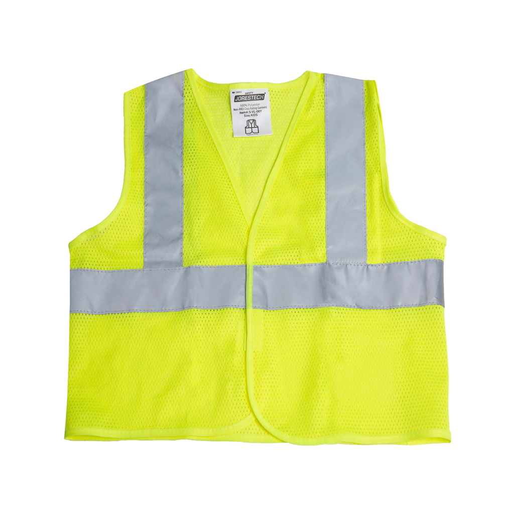 Children's lime safety vest with reflective strips.