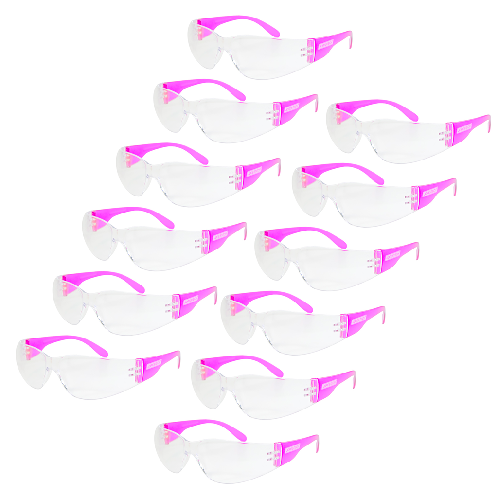 Shows 12 pairs of JORESTECH clear safety glasses with pink side shield for high impact protection. These ANSI compliant safety glasses have polycarbonate lenses. 