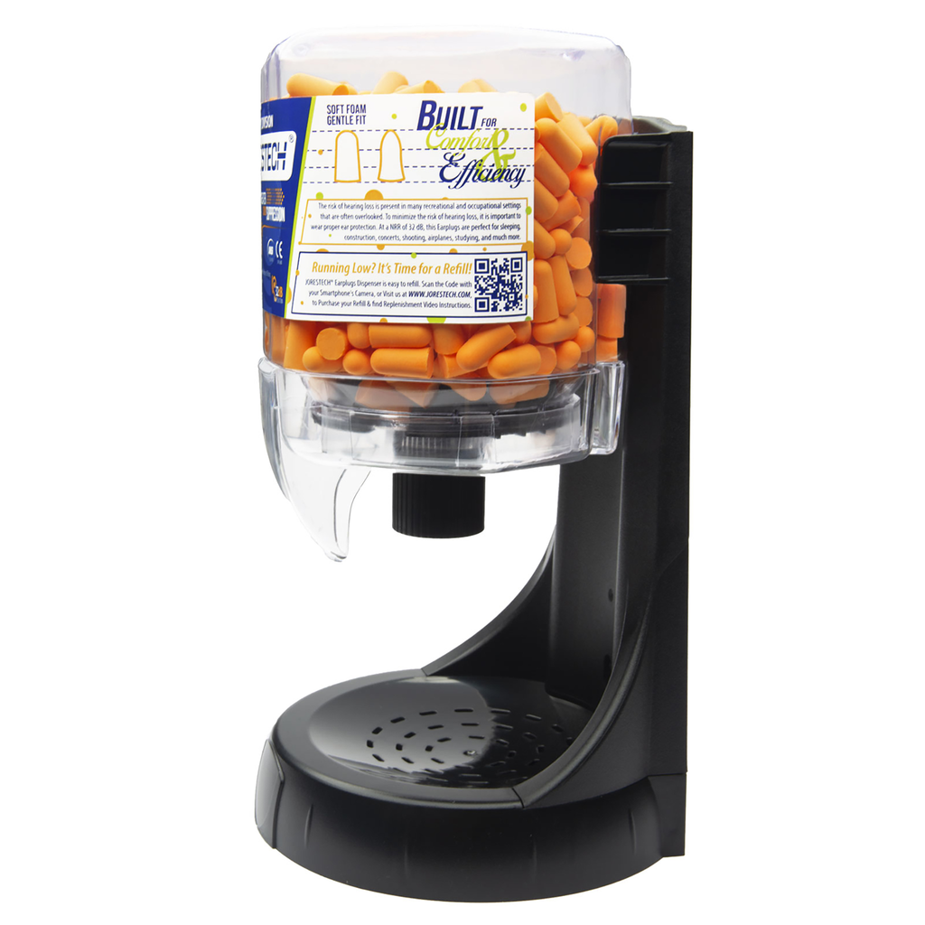 Diagonal view shows a JORESTECH® wall mount earplug clear dispenser station with 250 orange ultra foam ear plugs