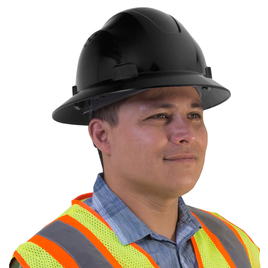 A man wearing a JORESTECH full brim black hard hat and a hi-vis lime and orange vest over white background