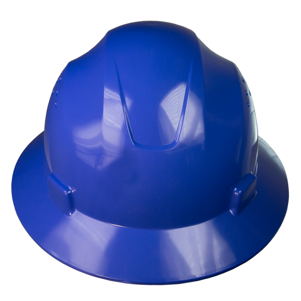 Back view of a JORESTECH full brim blue safety hard hat with 4 point suspension over white background. This angle also shows the black ratchet