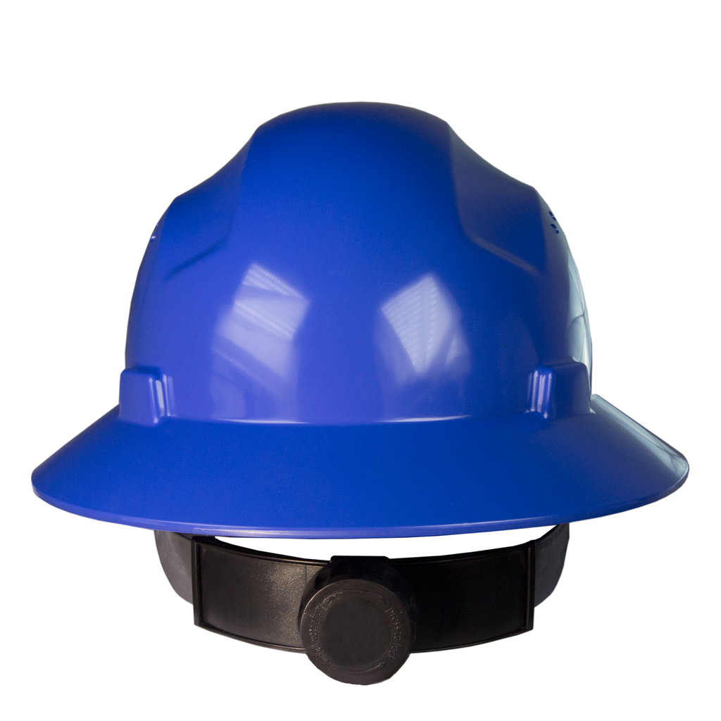 Full brim blue safety hard hat with 4 point suspension over white background. This angle also shows the black ratchet