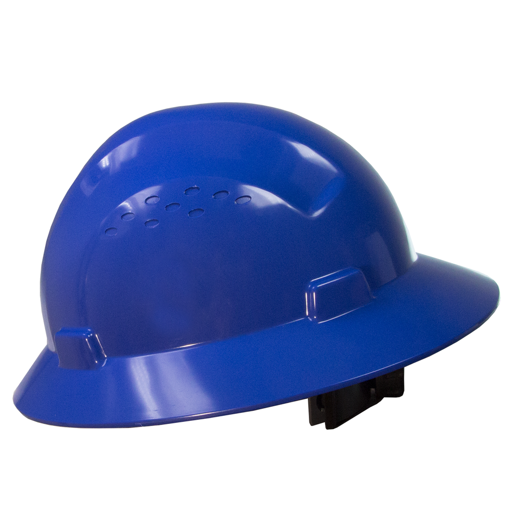 A JORESTECH full brim blue safety hard hat with 4 point suspension Type I Class C, E, G