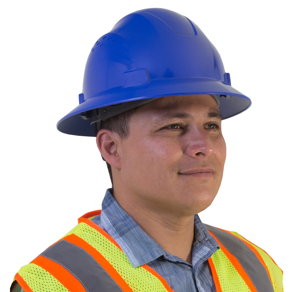 A worker wearing a JORESTECH full brim blue hard hat and a hi-vis lime and orange vest over white background