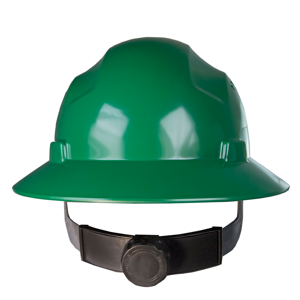 Full brim green safety hard hat with 4 point suspension and black ratchet