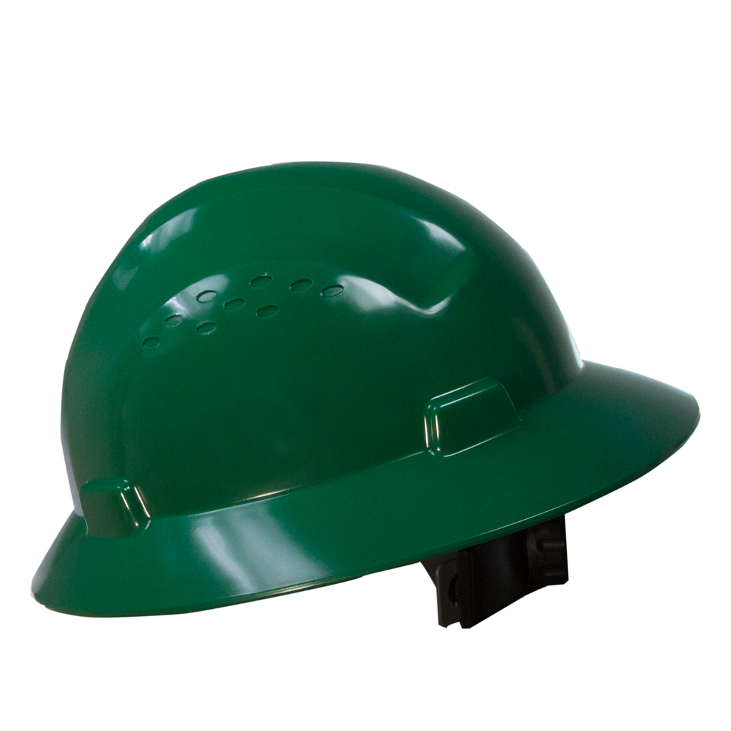 A JORESTECH full brim green safety hard hat with 4 point suspension Type I Class C, E, G