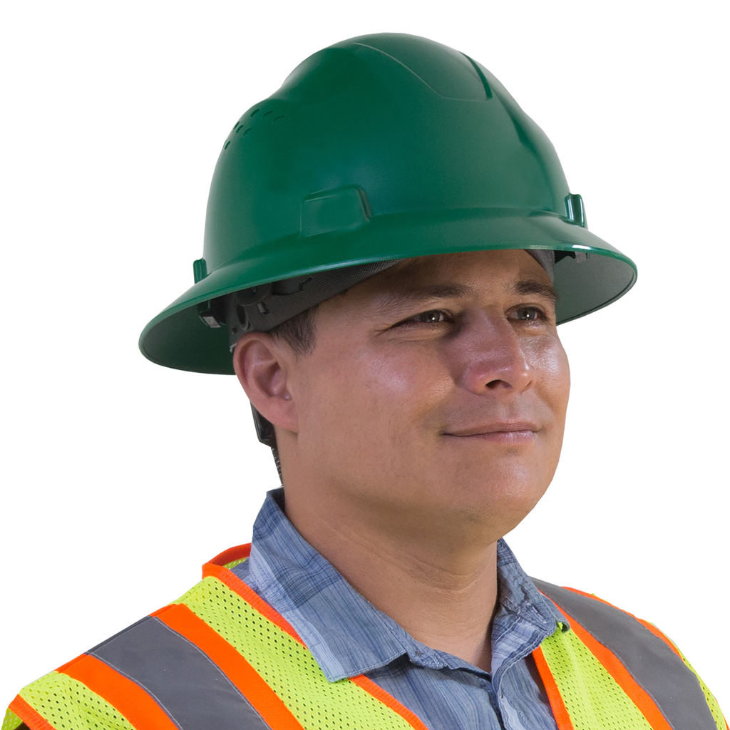 a man wearing a JORESTECH full brim green hard hat and a hi-vis lime and orange vest over white background