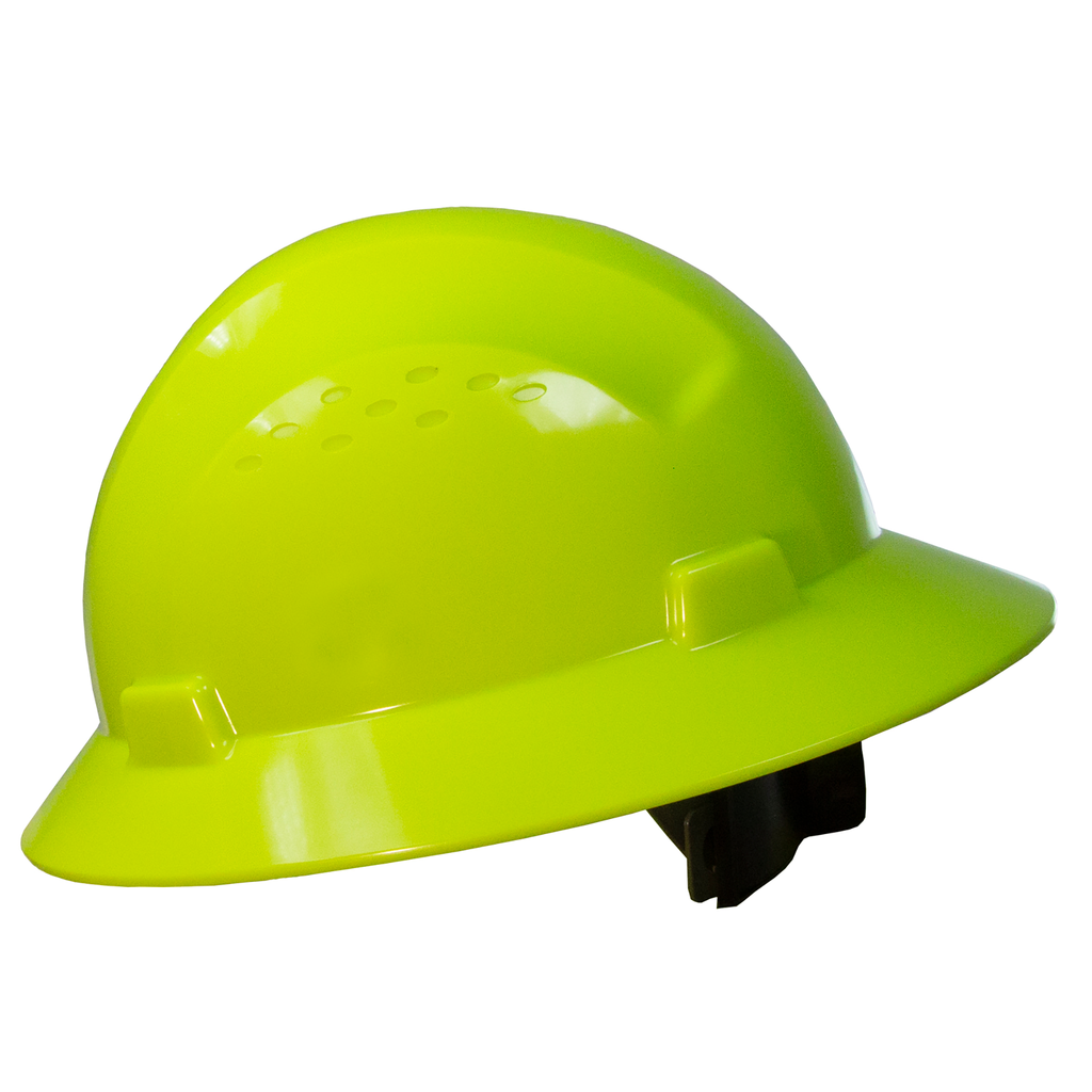 A JORESTECH full brim lime safety hard hat with 4 point suspension Type I Class C, E, G