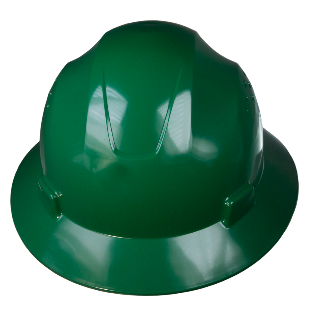 Front view of a JORESTECH full brim green safety hard hat with 4 point suspension