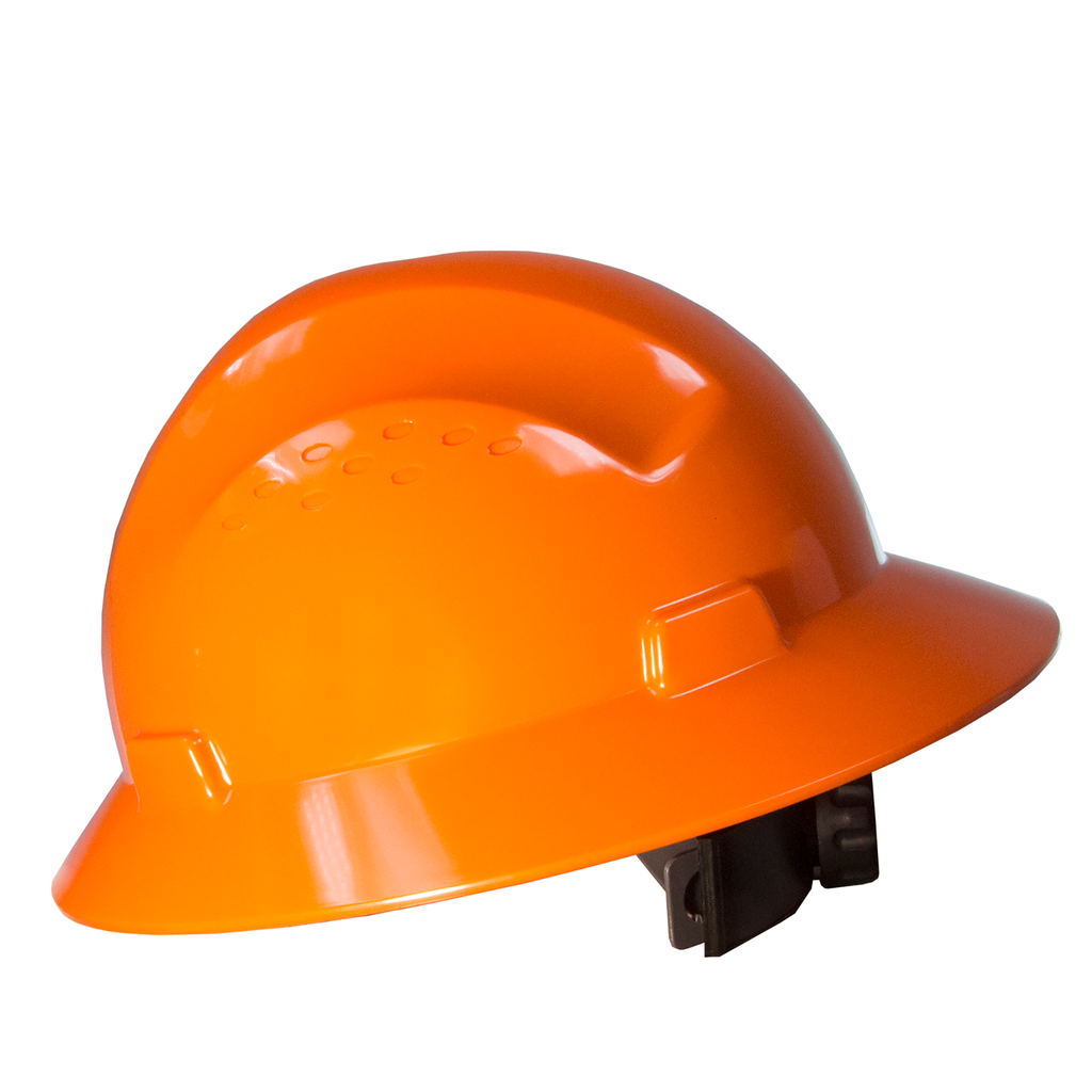 A JORESTECH full brim orange safety hard hat with 4 point suspension Type I Class C, E, G