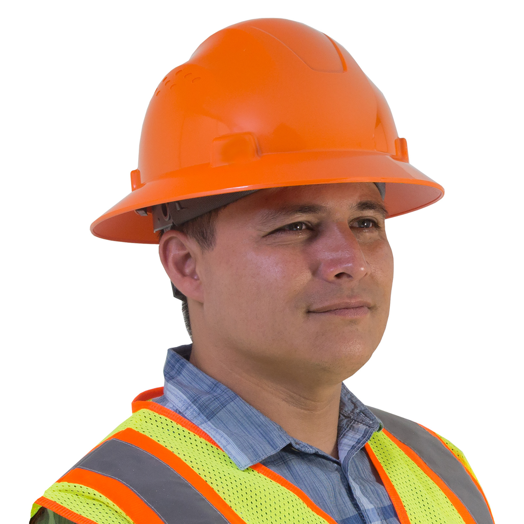 A worker wearing a JORESTECH full brim orange hard hat and a hi-vis lime and orange vest over white background