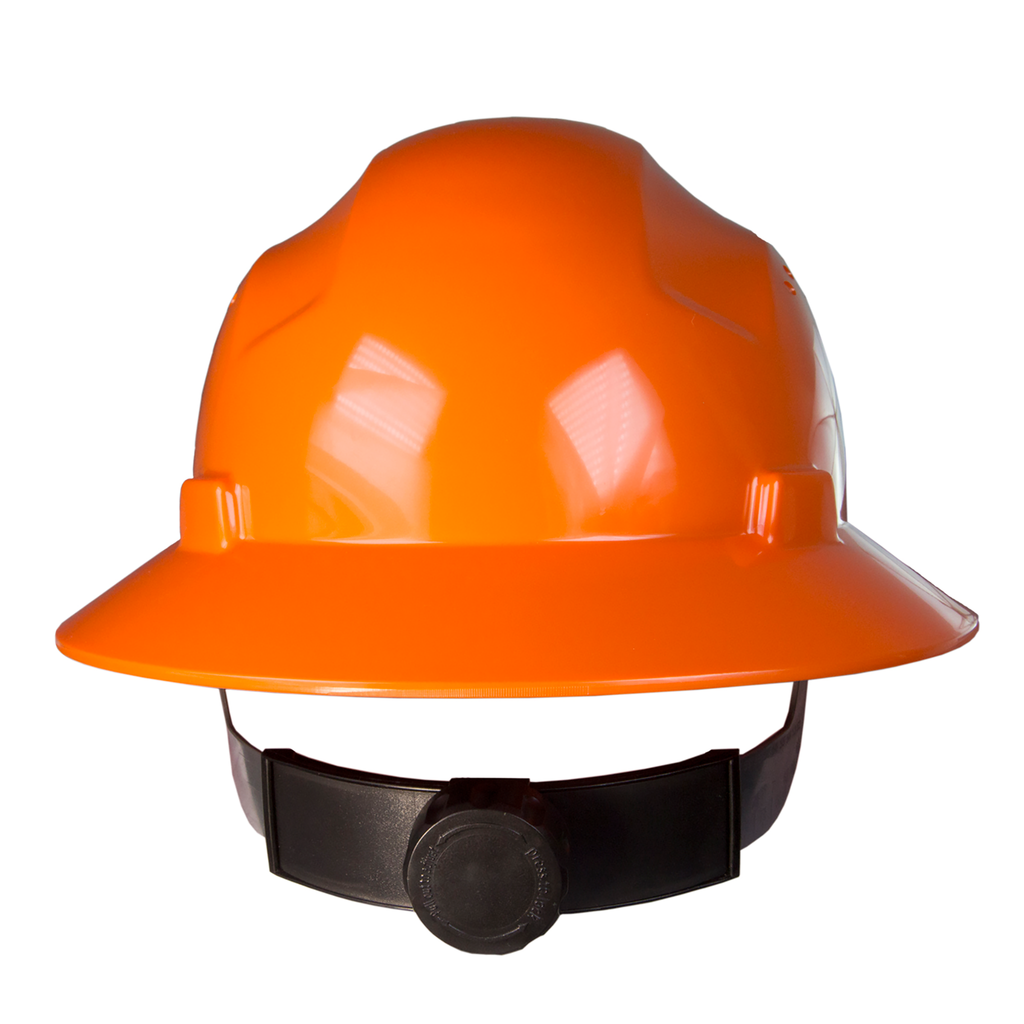 Full brim orange safety hard hat with 4 point suspension and black ratchet