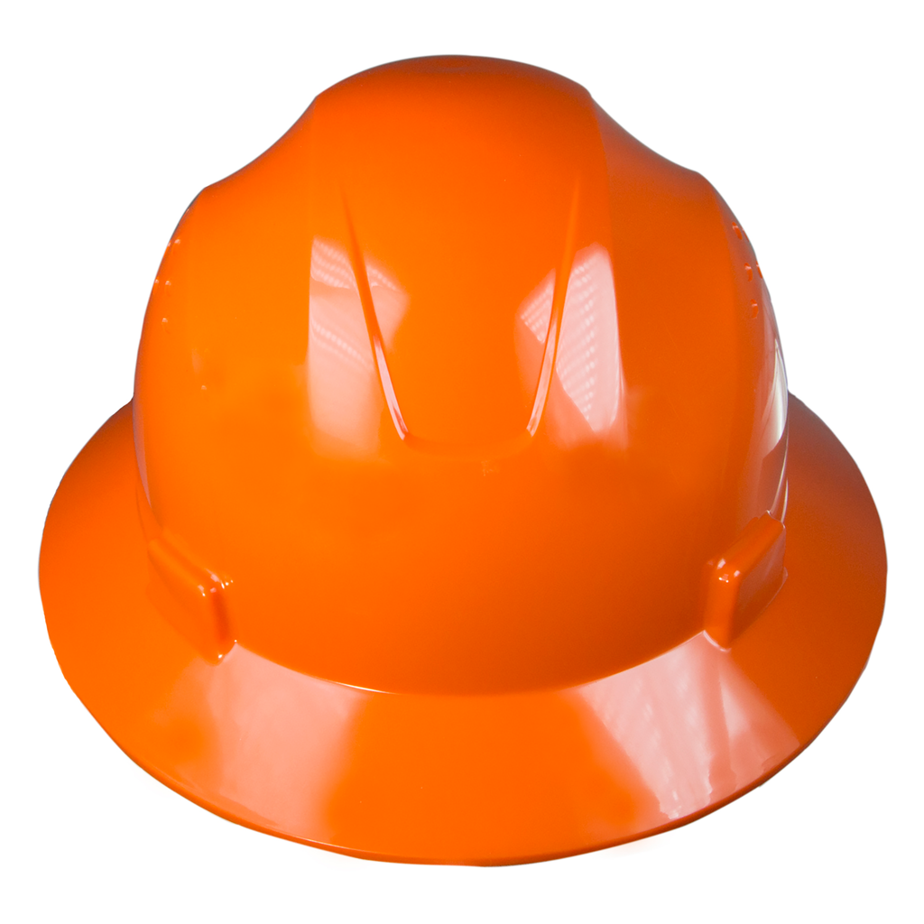 Front view of a JORESTECH full brim orange safety hard hat with 4 point suspension