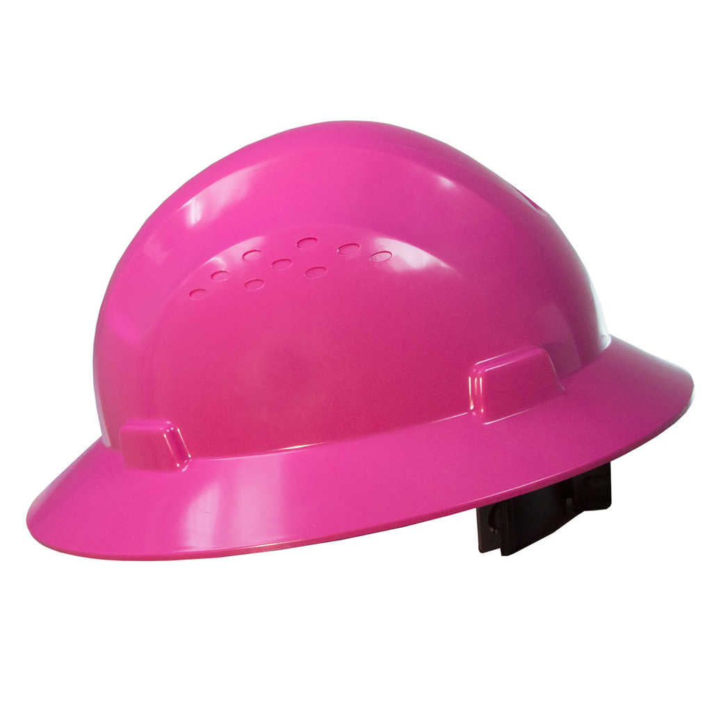 A JORESTECH full brim pink safety hard hat with 4 point suspension Type I Class C, E, G