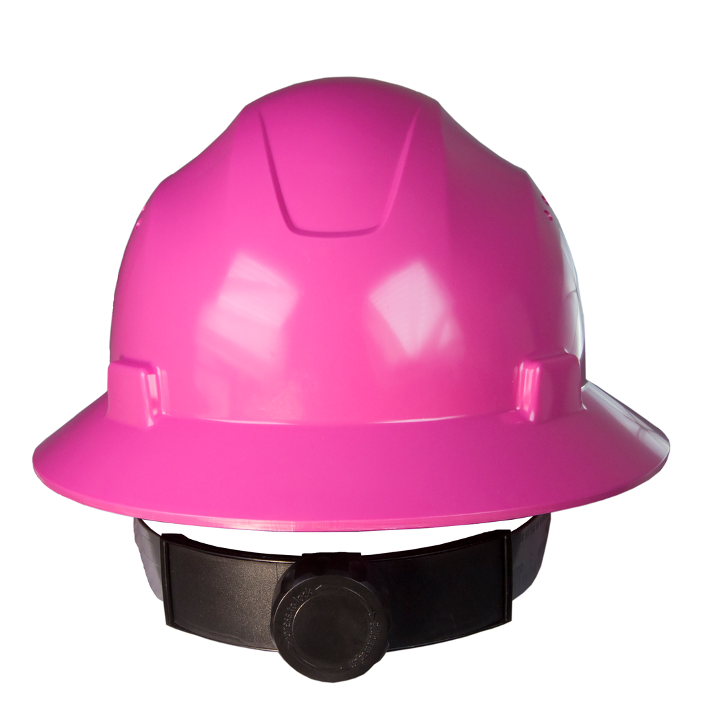 Full brim pink safety hard hat with 4 point suspension and black ratchet