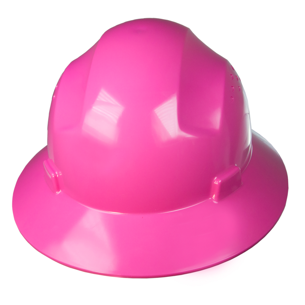 Front view of a JORESTECH full brim pink safety hard hat with 4 point suspension