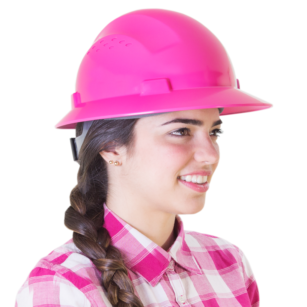 A lady wearing a pink shirt and a JORESTECH full brim pink safety hard hat for head protection