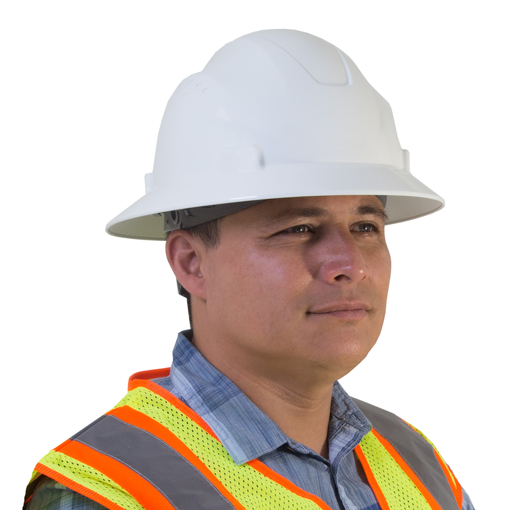 A man wearing a JORESTECH full brim white hard hat and a hi-vis lime and orange vest over white background