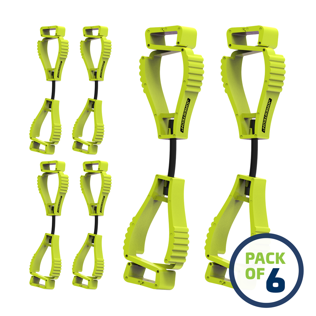 image of a pack of 6 Lime JORESTECH clip safety holders over white background