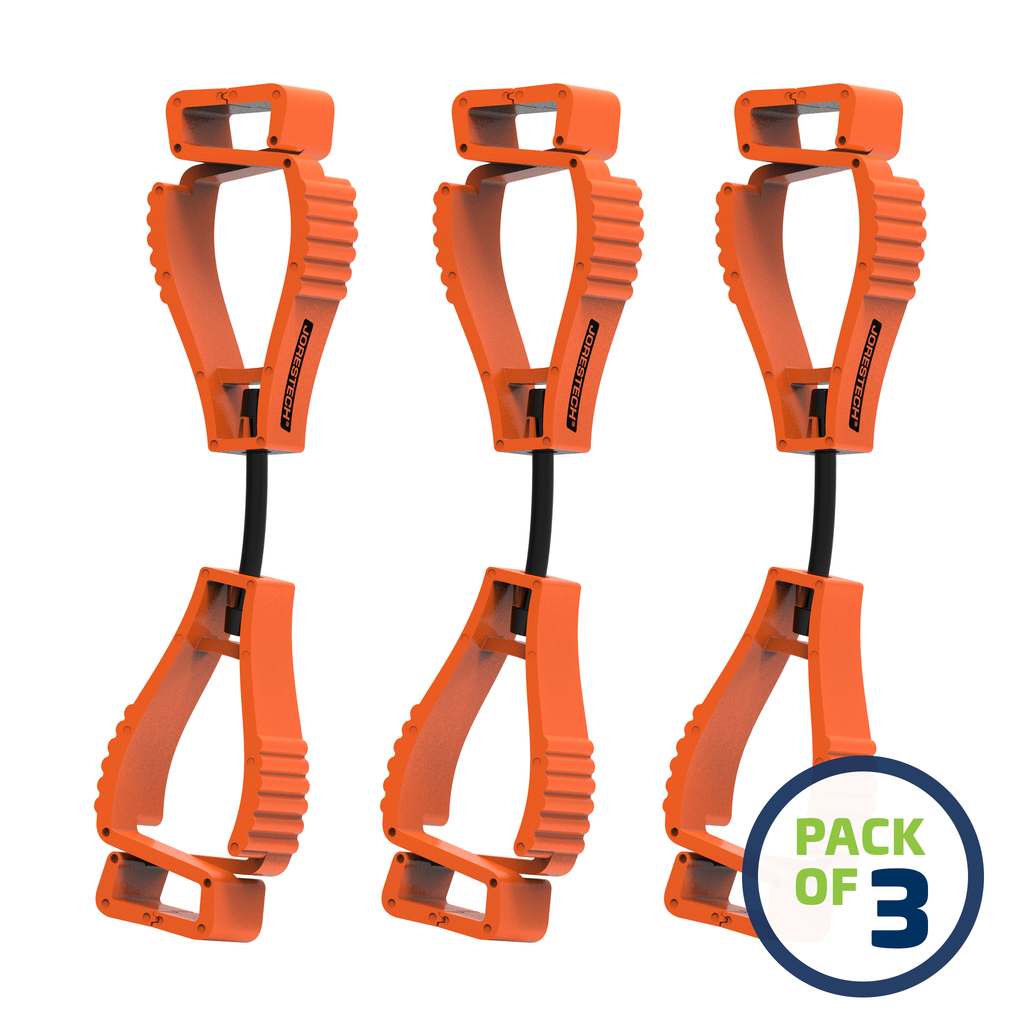 image of a pack of 3 Orange JORESTECH clip safety holders over white background